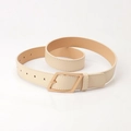 Chic beige leather belt for women with a geometric gold rhombus buckle on white background - Beige
