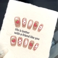 Uñas postizas rosa ojo de gato con fresas 3D y detalles de gotas de agua - XS / W115-Crema Fresa Ojo de Gato