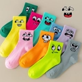 Colorful cotton smiley face mid-calf athletic socks in vibrant assorted neon colors - One Size (37-45) / W-BQ Funny Expression Socks