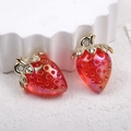 Translucent red strawberry charm pendant with gold metal leaves for DIY crafts - Transparent Red - Strawberry