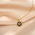 Golden camellia flower necklace with black enamel and micro-pave cubic zirconia crystals - Gold Black Zircon Camellia