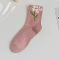 Pink crew socks with white floral patterns and green stems in a sweet pastoral style - Pink