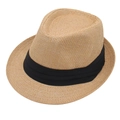 Classic woven straw jazz hat with a black ribbon band, perfect for summer casual wear - Camel