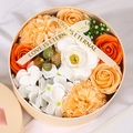 Beige round gift box with orange and white soap flowers and Love Is Eternal ribbon - 16.2x16.2x8.2cm / Peony Orange