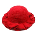 Detailed view of the handcrafted red crochet knit hat with ruffled wavy brim texture - M(54-60cm) / Red
