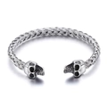 Silver woven stainless steel cuff bracelet with skull heads in punk style for men - Steel Color Skull Style (KB78279-BD)