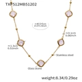 Gold stainless steel necklace with square pink glass stone pendants and size specs - Necklace / Gold-Pink
