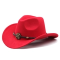 Close-up of red felt cowboy hat with black braided band and bronze sunburst buckle detail - Red