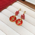 Detalle de pendientes rojos con caracteres chinos, colgante de corazón dorado y esmalte - 4# Aguja de Plata - Rojo - Personaje de Riqueza