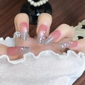 Pink and grey gradient leopard print press-on nails with small rhinestone accents - By2185 (t) / Phototherapy Glue Style
