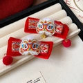 Barrettes rouge du Nouvel An chinois avec tête de lion brodée et pompon en peluche - 47# Pince à Bec-Rouge-Paire