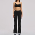 Women's black yoga set with halter sports bra and high-waisted flared leggings - 3109 Bra + 3109 Flare Pants — High-end Black
