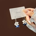Detail of 925 silver post earrings featuring a blue square gemstone and white flower design - Blue Square Gem White Flower S925 Silver Post Drop Earrings(E2933)