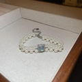 Double-strand pearl bracelet featuring a square light blue gemstone and silver clasp - Artificial Pearl Bracelet Style 91