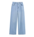 Pantalon en jean taille haute à jambes larges bleu clair avec surpiqûres détaillées - Pantalon Bleu Clair