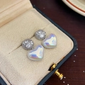 Silver asymmetric heart earrings with zircon studs and pearlescent heart pendant - E5939-925 Sterling Silver Earring Post / Silver