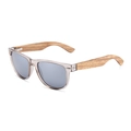 Classic oval grey sunglasses with stylish transparent frames and natural wooden temples - Zebra Wood Temple Polarized White Mirror Lens