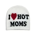Detail shot of the white knitted beanie featuring I Love Hot Moms jacquard lettering - Moms Style / White