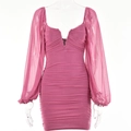 Detail of pink mesh mini dress featuring V-neckline, lantern sleeves and ruched texture - S / Pink