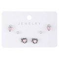 Three-pair earring set featuring pink heart zircons and small white crystals - 84 White K/Gun Black (5294)