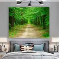 Detailed forest path tapestry hanging in a modern bedroom with natural green scenery - Deep Green Forest Path / 150x130cm
