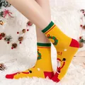 Yellow Christmas mid-calf socks made of combed cotton with Santa Claus and star patterns - One Size / Yellow Santa Claus