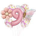 Pink number 9 foil balloon with butterfly, daisy, and confetti latex balloons set - Pink Butterfly Balloon Set 9