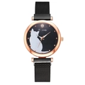 Detail of a chic cat silhouette dial on a rose gold mesh strap quartz watch for women - Watch Only / Black