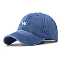 Classic washed denim baseball cap in navy blue with white W letter embroidery - Adjustable / Deep Blue Denim