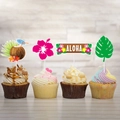 Tropical Hawaii cake toppers featuring coconut, hibiscus, aloha sign and monstera leaf decor - Coconut Combination Style