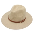 Italian vintage cream wool felt fedora with a wide brim and brown leather belt detail - Beige