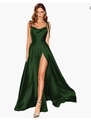 Elegant emerald green silk satin evening gown with cowl neck and high slit design - L / Dark Green