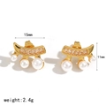Detail view of gold stainless steel pearl earrings with dimensions and weight info - Curved Pave Zirconia Triple Pearl Style (TE60653)