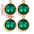 Macro view of green crystal pendants with gold bezel showing 15.5mm by 13mm dimensions - Round / Green