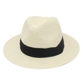Beige Panama straw hat with a wide black ribbon band for a classic summer look - One Size / White