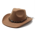 Brown wool felt western cowboy hat featuring braided rope band and turquoise bead detail - Khaki