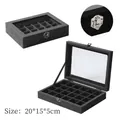 Gray velvet jewelry box with 24 slots and glass window for rings and earrings - 24 Grids / Black
