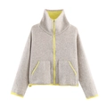 Veste en maille avoine avec bordures contrastées fluo, col montant et fermeture éclair - S / Gris