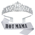 Sparkling crystal crown and Hot Mama glitter sash set for Mother's Day party outfits - Silver
