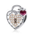 Silver heart bead with rose gold accents, clear crystals and red heart pendant charm - Keyhole Key Red Gem (CCT413)