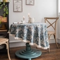 Round blue floral jacquard tablecloth with vintage patterns and elegant white tassels - 90cm Round / Blue Oil Painting with Tassels