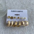 6-pair set of gold geometric stud and hoop earrings with pearls on display card - KC Gold (3215)