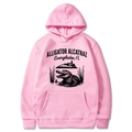 Pink pullover hoodie with black Alligator Alcatraz graphic print and kangaroo pocket - S / Pink