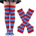 Red and blue striped thigh high socks with matching fingerless arm warmer gloves set - Wide Stripe Set (35) / Red Dark Blue