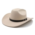 Classic beige wool felt fedora hat with black belt buckle trim on white background - M (56-58cm) / Off White