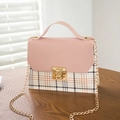 Pink and plaid leather crossbody bag with golden chain strap and top handle design - Pink