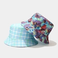 Detail showing blue plaid and abstract leopard print reversible bucket hats for sun protection - Blue White Checkered and Colorful Leopard (2#色)