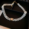 Double-layer pearl necklace with pink square pendant in a black jewelry box - 51# Gold Double Square Pendant Pearl Necklace