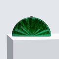 Detailed macro view of a green marble acrylic crescent clutch bag with fan radial grooves - Dark Green