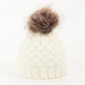 Detail of off-white knit texture and fluffy brown faux fur pompom on infant winter hat - 0-12 Months / White
